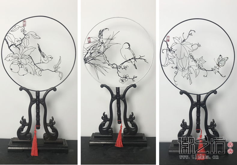 徽艺坊铁画团扇系列——秋知语、果香蝶舞、梅竹鹂影
